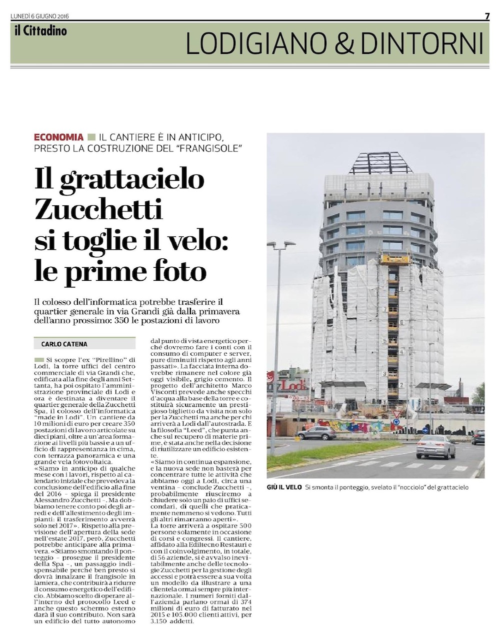 06 Giugno 2016 - Articolo de Il Cittadino sul progetto Torre Zucchetti di Lodi (LO)